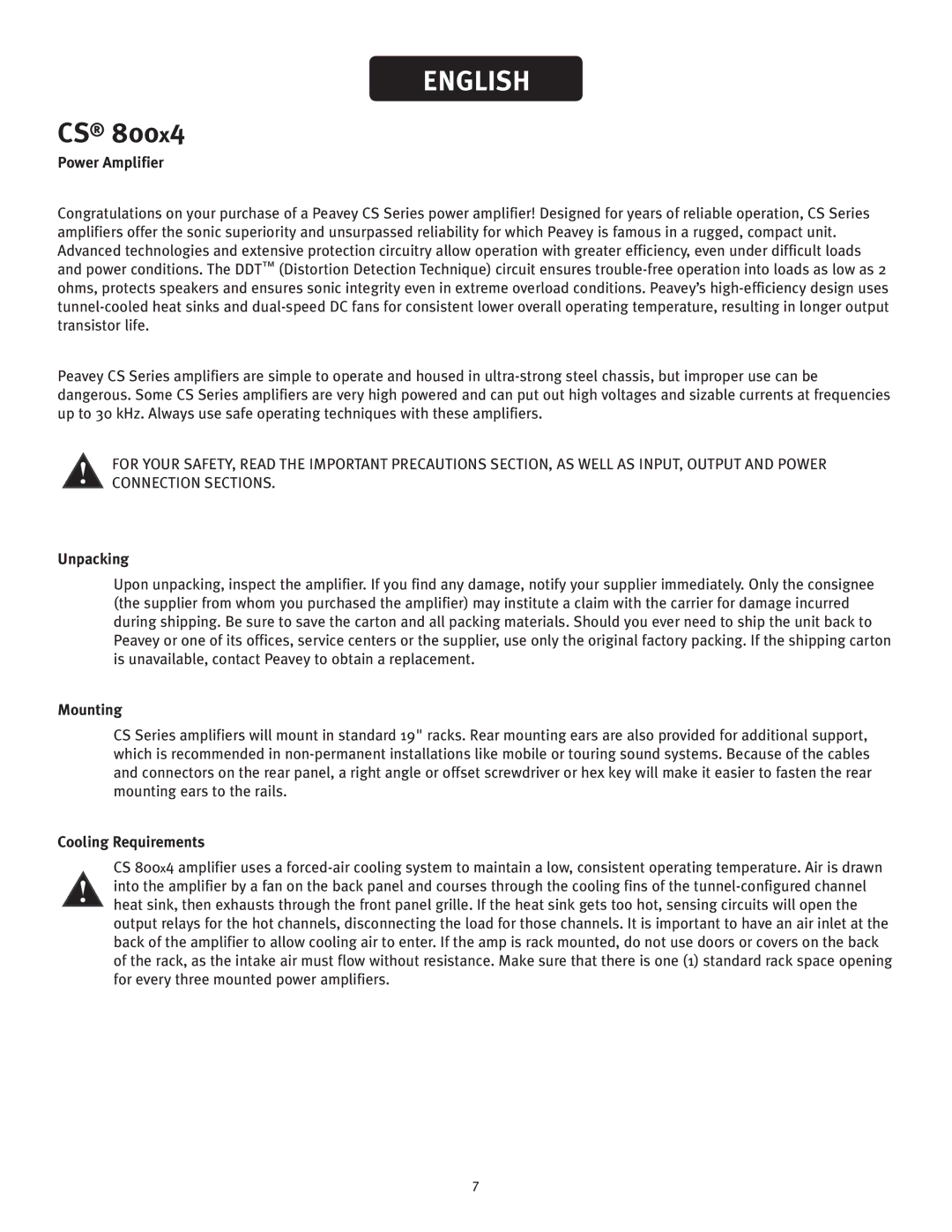 Peavey CS 800x4 owner manual Power Amplifier, Unpacking, Mounting, Cooling Requirements 