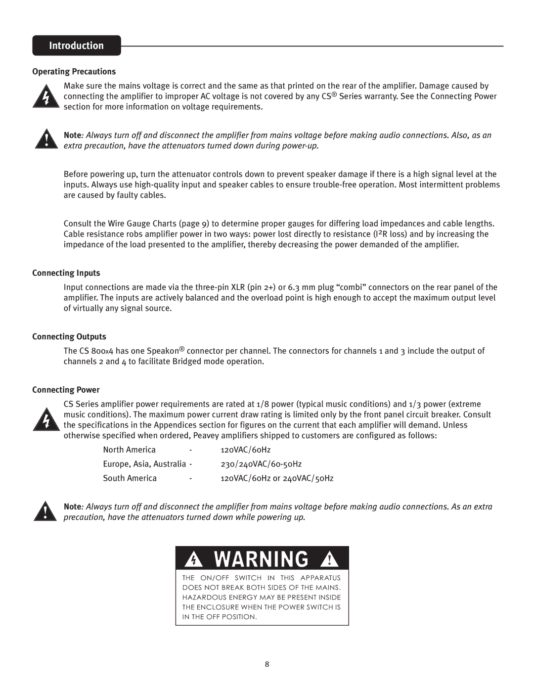 Peavey CS 800x4 owner manual Introduction, Operating Precautions, Connecting Inputs, Connecting Outputs, Connecting Power 