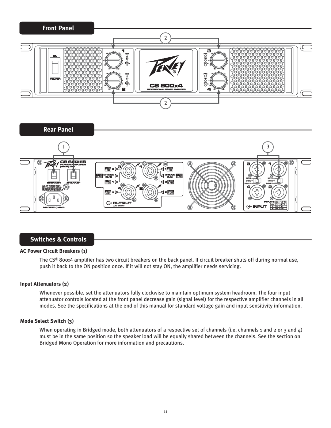 Peavey CS 800x4 owner manual Front Panel, Rear Panel, Switches & Controls, AC Power Circuit Breakers, Input Attenuators 
