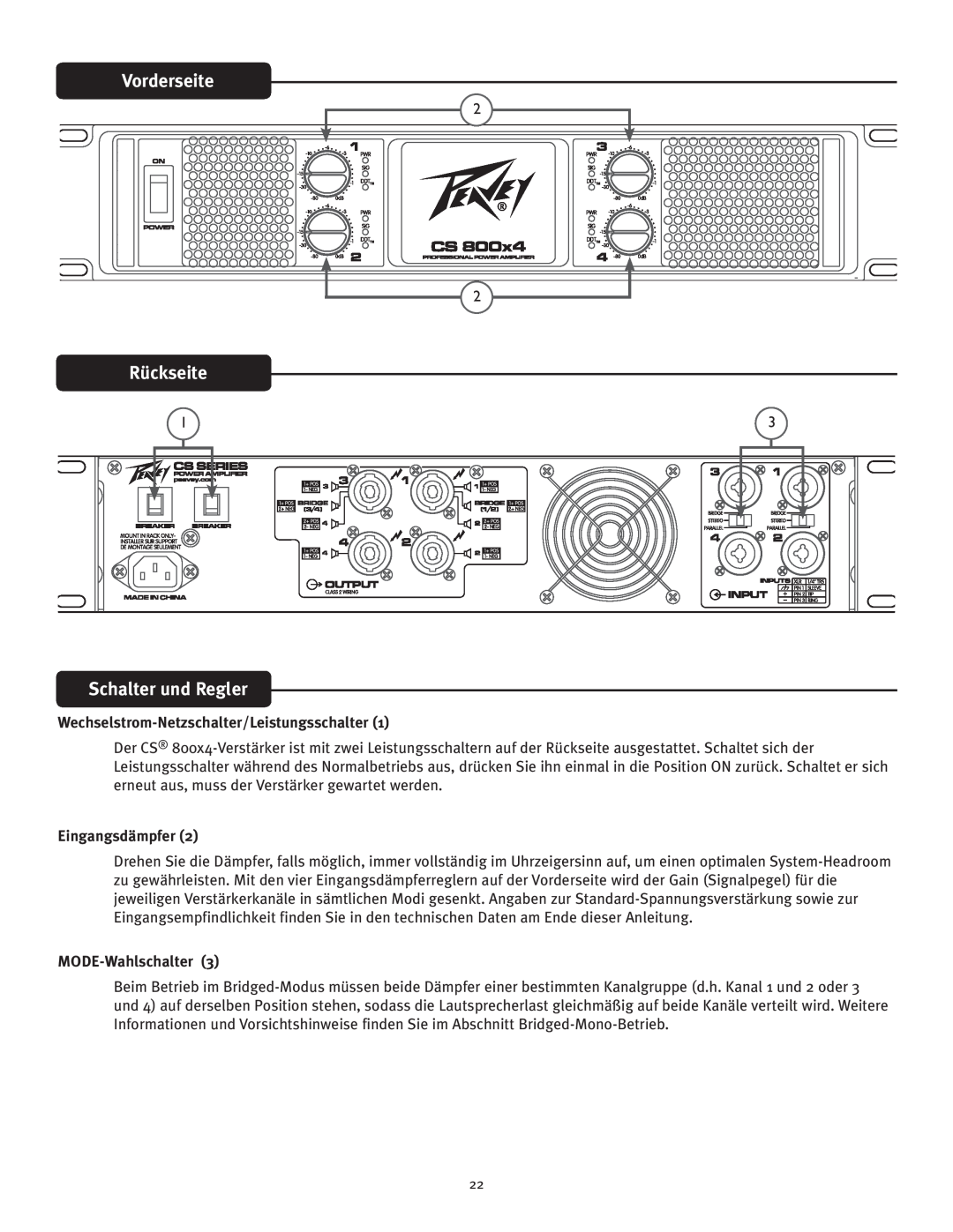 Peavey CS 800x4 Vorderseite, Rückseite, Schalter und Regler, Wechselstrom-Netzschalter/Leistungsschalter1, Eingangsdämpfer 