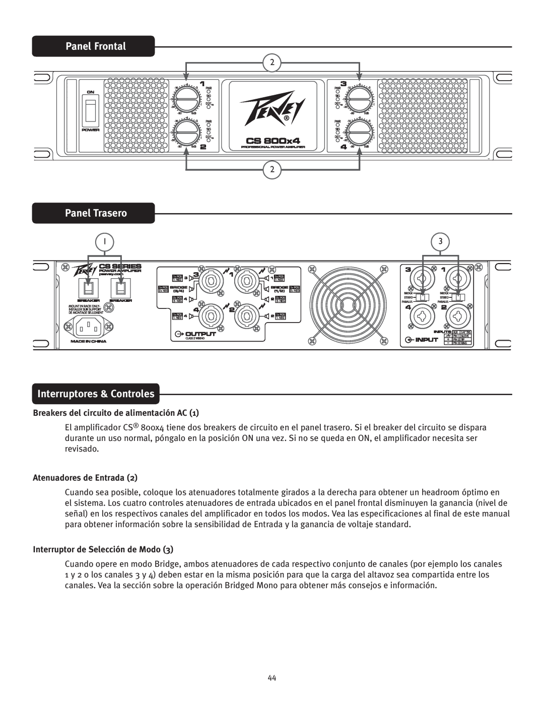 Peavey CS 800x4 Panel Frontal, Panel Trasero, Interruptores & Controles, Breakers del circuito de alimentación AC 