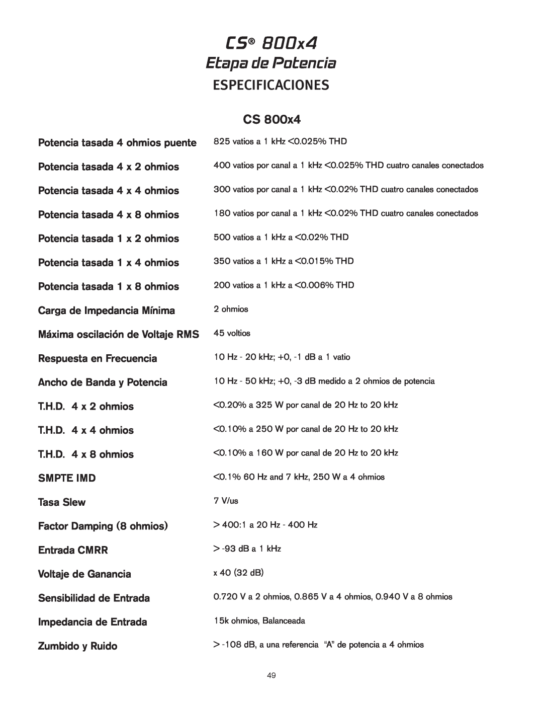 Peavey CS 800x4 owner manual Etapa de Potencia, Especificaciones 