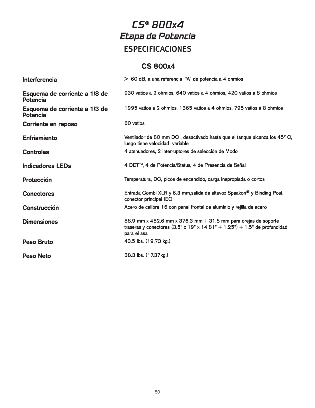 Peavey CS 800x4 owner manual Etapa de Potencia, Especificaciones, Interferencia, Esquema de corriente a 1/8 de Potencia 