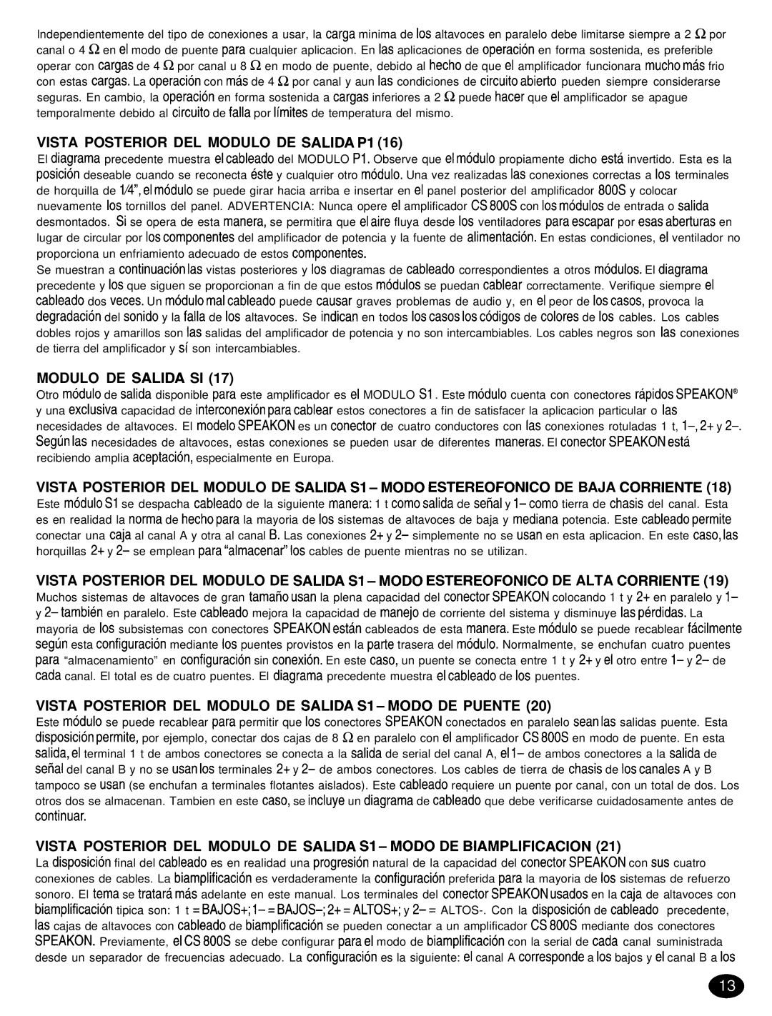 Peavey CS 8OOX manual Vista Posterior DEL Modulo DE Salida Pl, Modulo DE Salida SI 