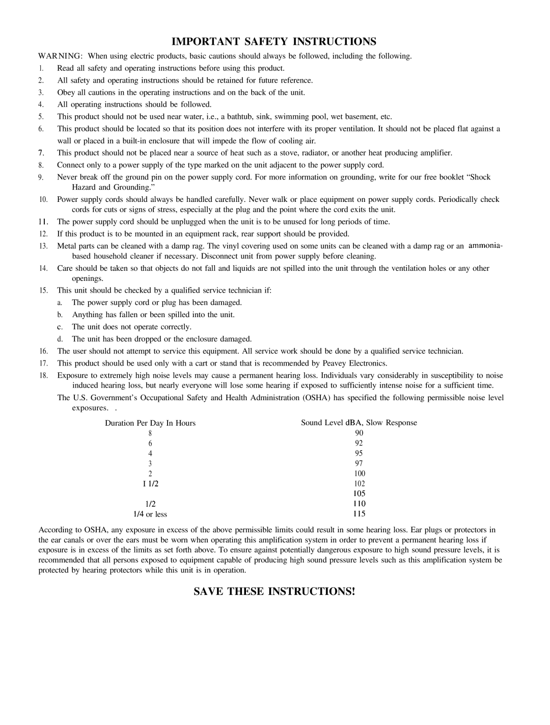 Peavey CS 8OOX manual Important Safety Instructions 