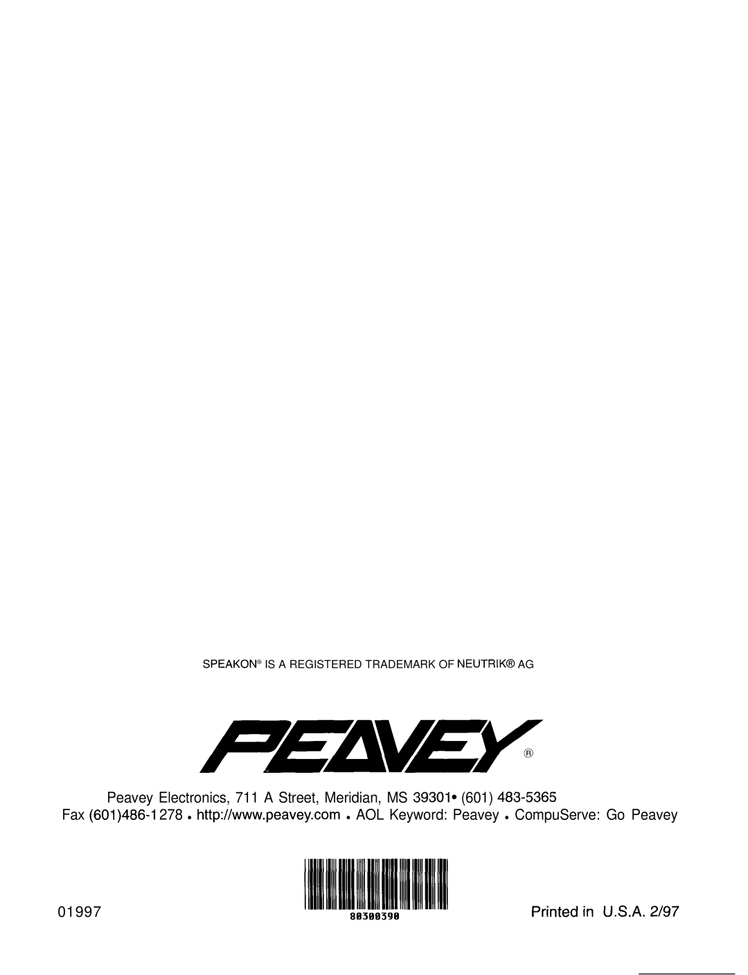 Peavey CS 8OOX manual Peavey Electronics, 711 a Street, Meridian, MS 39301 01997 