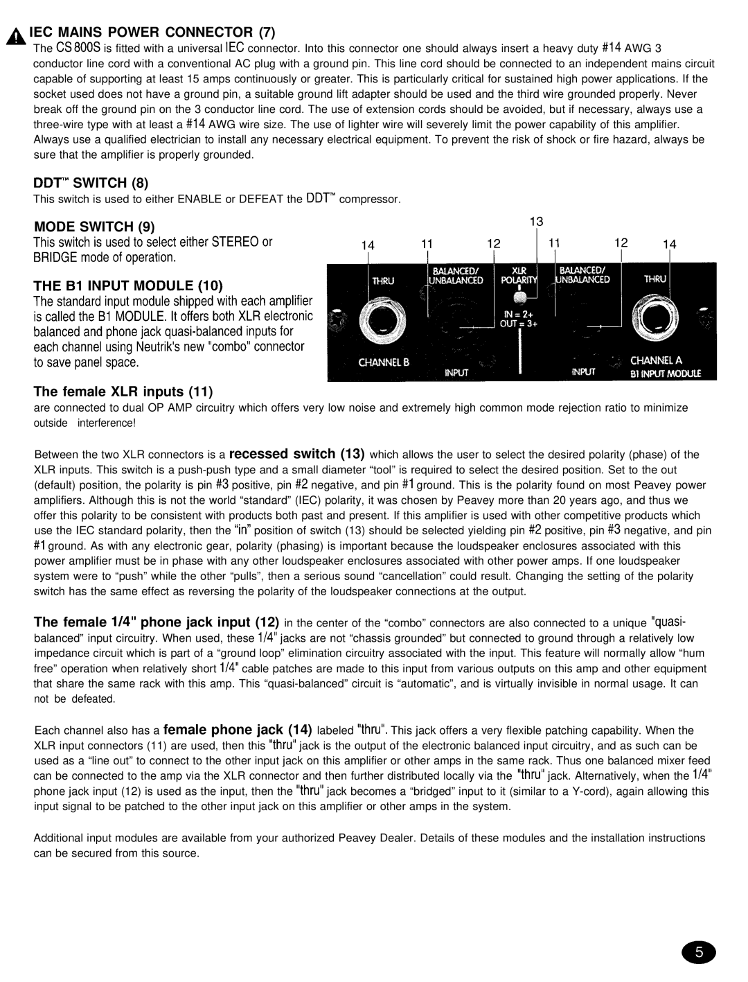 Peavey CS 8OOX manual IEC Mains Power Connector, DDT’ Switch, Mode Switch, Female XLR inputs 