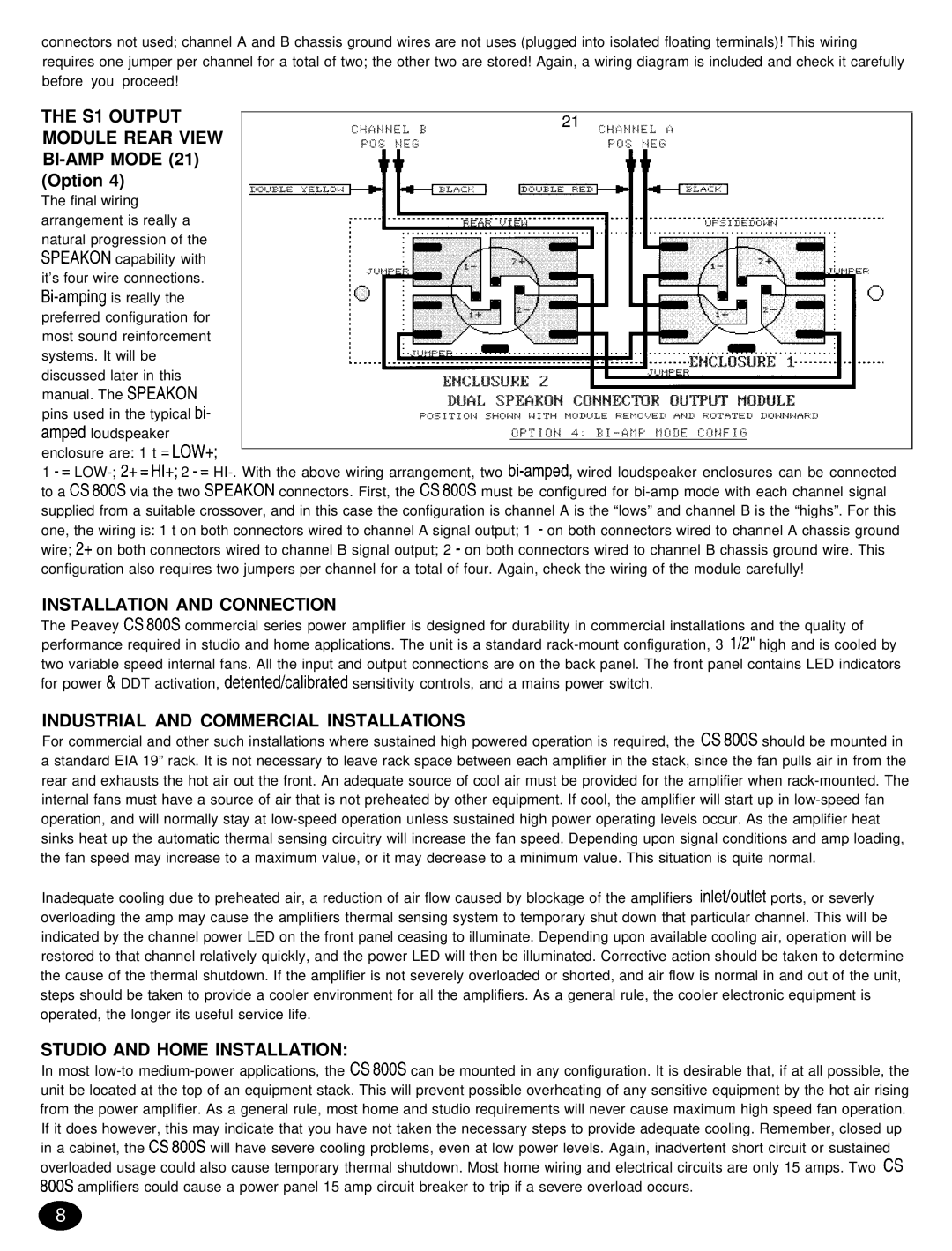 Peavey CS 8OOX manual Module Rear View BI-AMP Mode, Installation and Connection, Industrial and Commercial Installations 