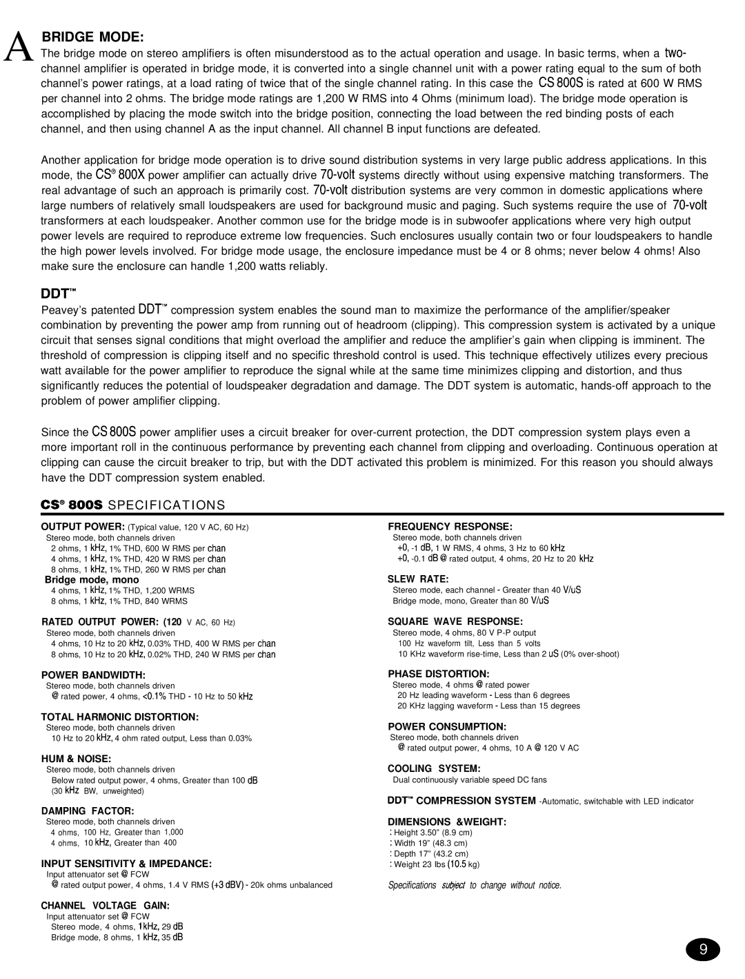 Peavey CS 8OOX manual Bridge Mode, Ddt’ 