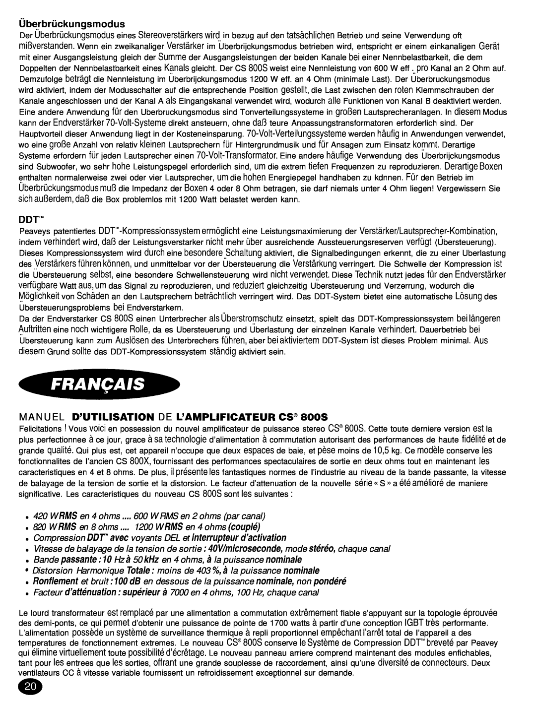 Peavey CS 8OOX manual ubet-briickungsmodus, Ddt’”, MANUEL D’UTILISATION DE L’AMPLIFICATEUR CS” 800s 