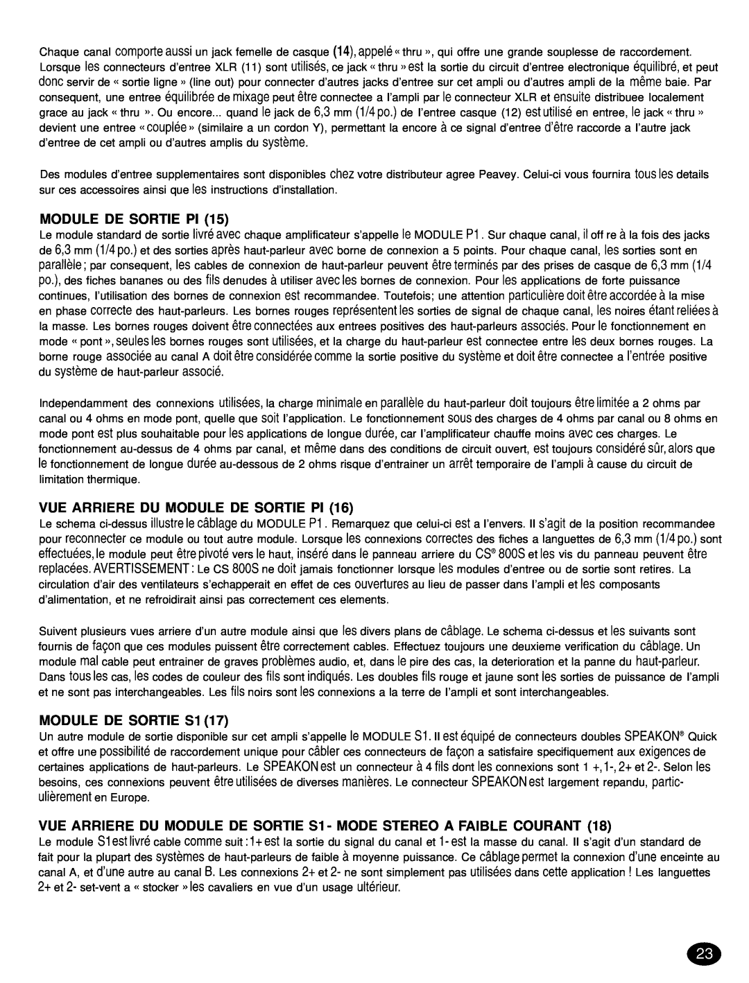 Peavey CS 8OOX manual Vue Arriere Du Module De Sortie Pi, MODULE DE SORTIE Sl 
