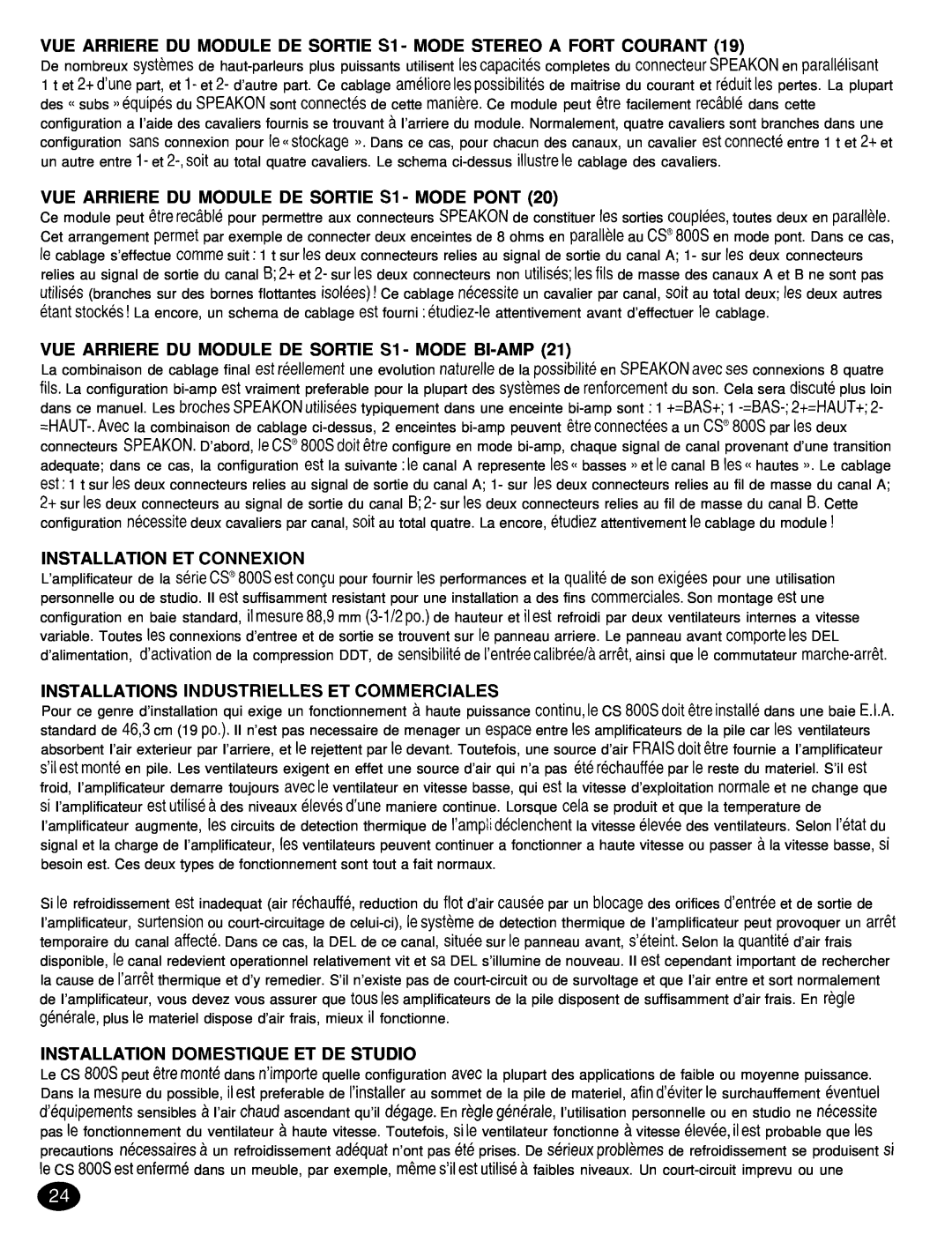 Peavey CS 8OOX manual VUE ARRIERE DU MODULE DE SORTIE Sl -MODE PONT, Installation Et Connexion 