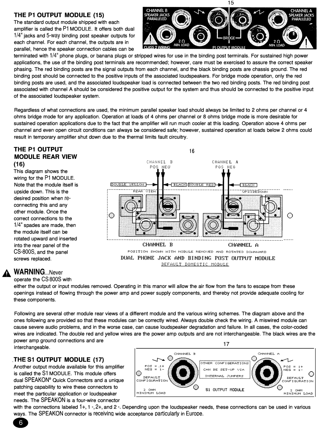 Peavey CS 8OOX manual THE Pl OUTPUT MODULE REAR VIEW, AWARNING...Never operate the CS 800s with, THE Sl OUTPUT MODULE 