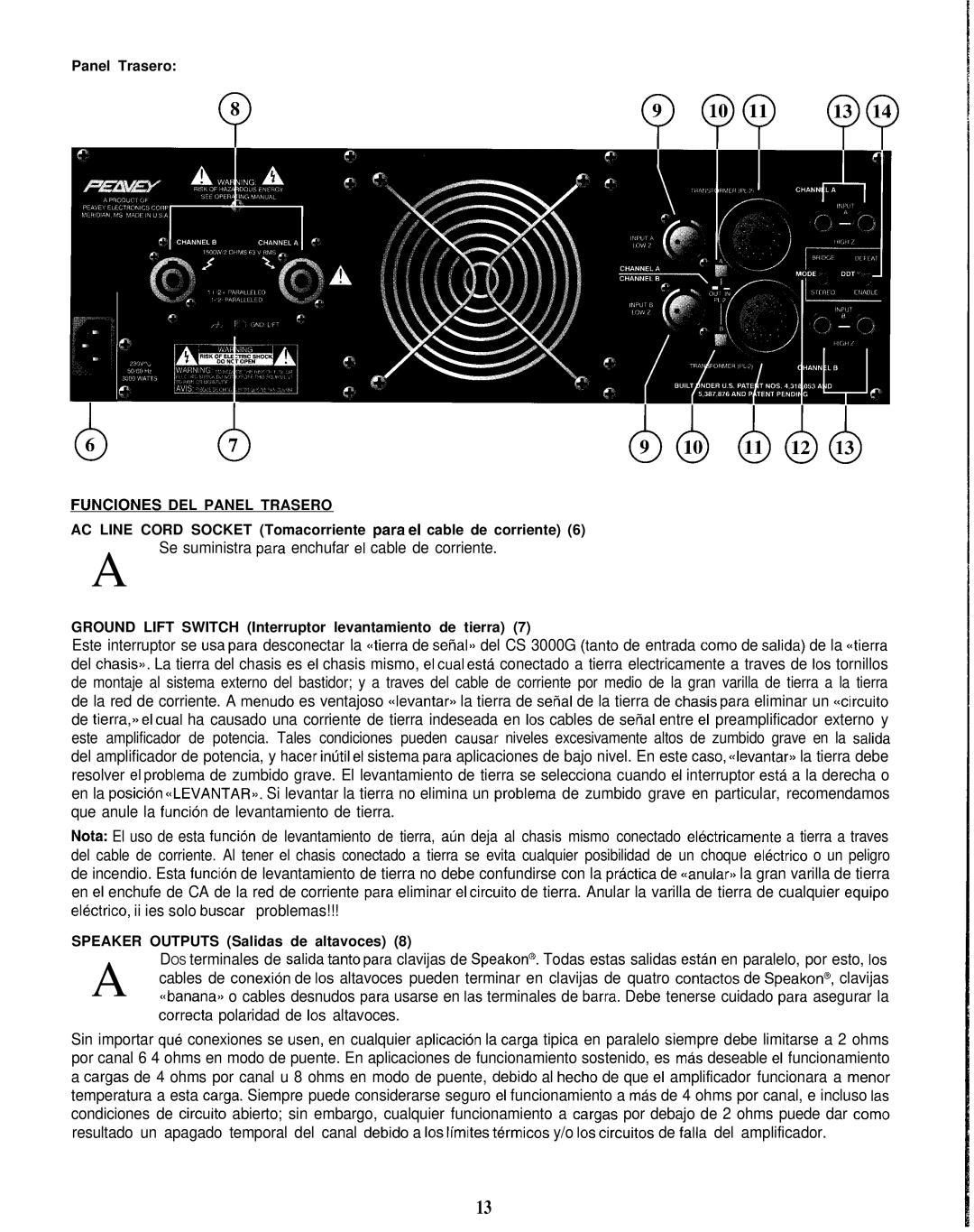 Peavey CS 3000G, CS-G series manual Funciones DEL Panel Trasero, Ground Lift Switch Interruptor levantamiento de tierra 