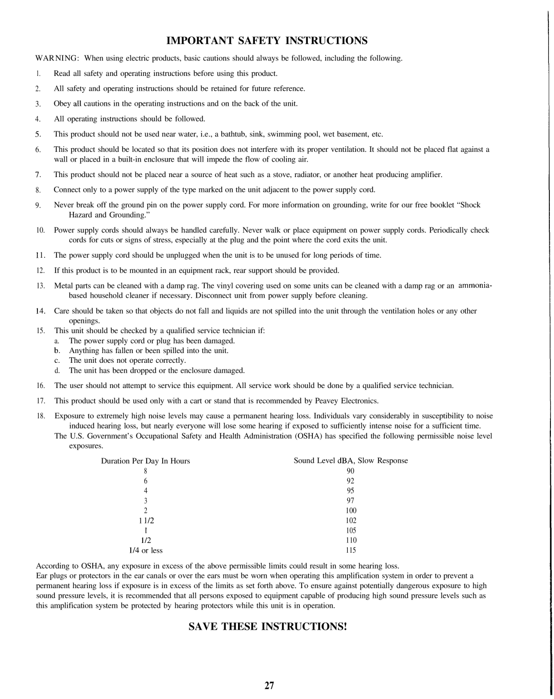 Peavey CS 3000G, CS-G series manual Important Safety Instructions 