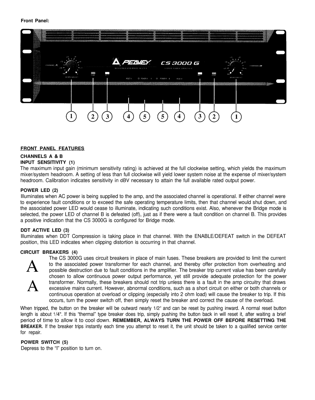 Peavey CS-G series Front Panel Features Channels a 81 B Input Sensitivity, Power LED, DDT Active LED, Circuit Breakers 