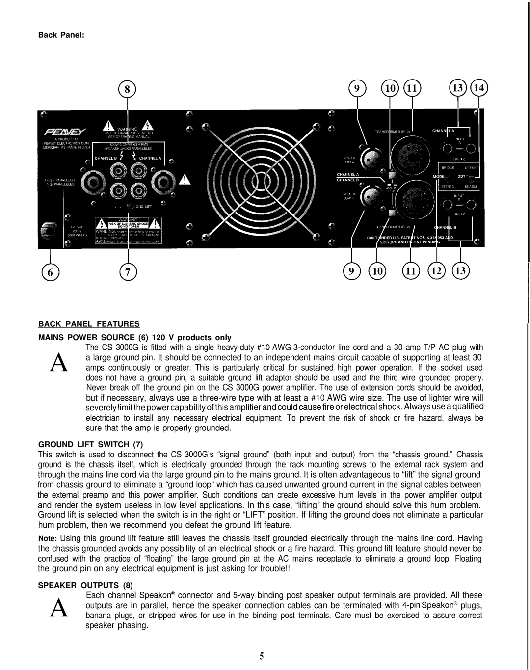 Peavey CS 3000G Back Panel Features, Mains Power Source 6 120 V products only, Ground Lift Switch, Speaker Outputs 