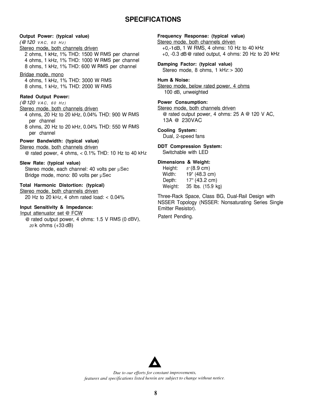 Peavey CS-G series Output Power typical value, Rated Output Power, Power Bandwidth typical value, Slew Rate typical value 