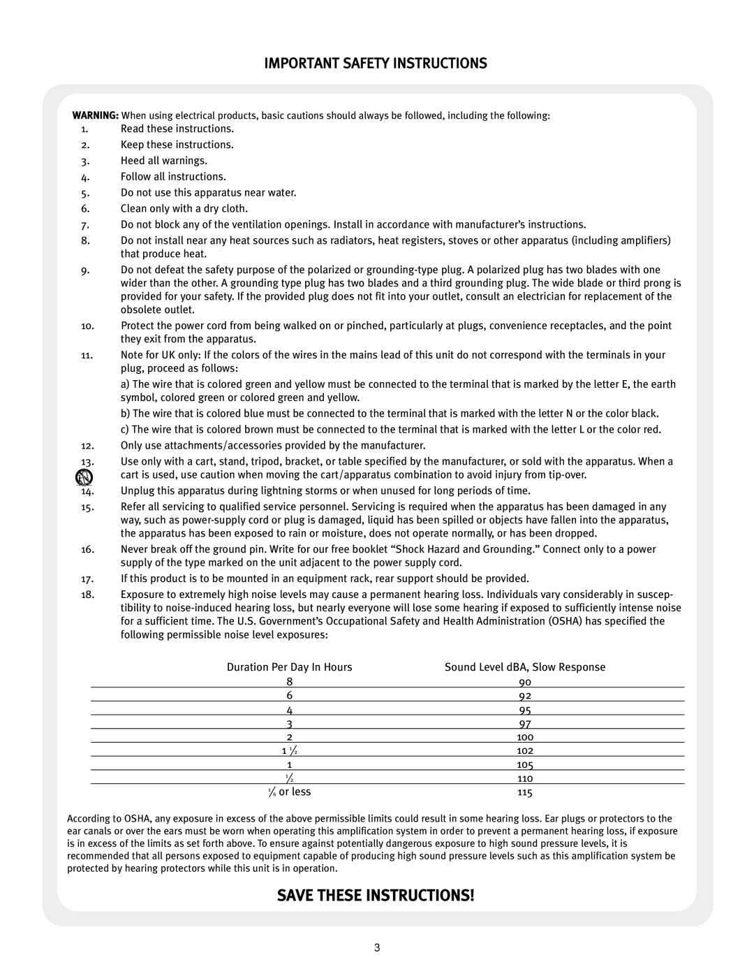 Peavey 12/0280304941, CS2000H manual Important Safety Instructions, Sound Level dBA, Slow Response 