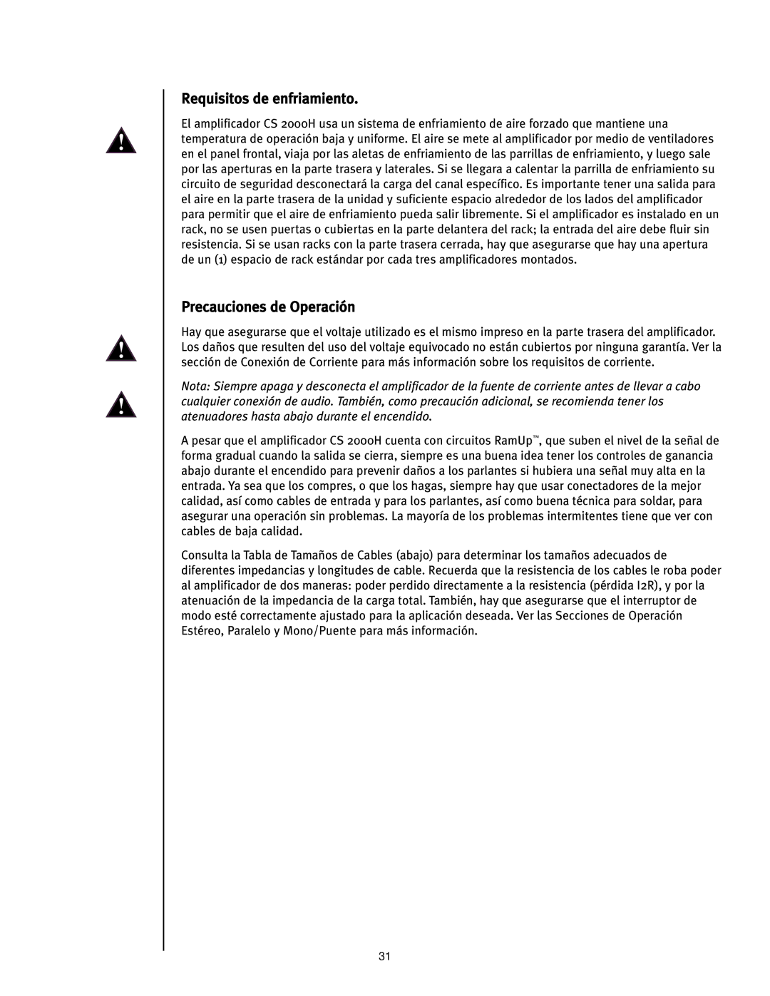 Peavey 12/0280304941, CS2000H manual Requisitos de enfriamiento, Precauciones de Operación 