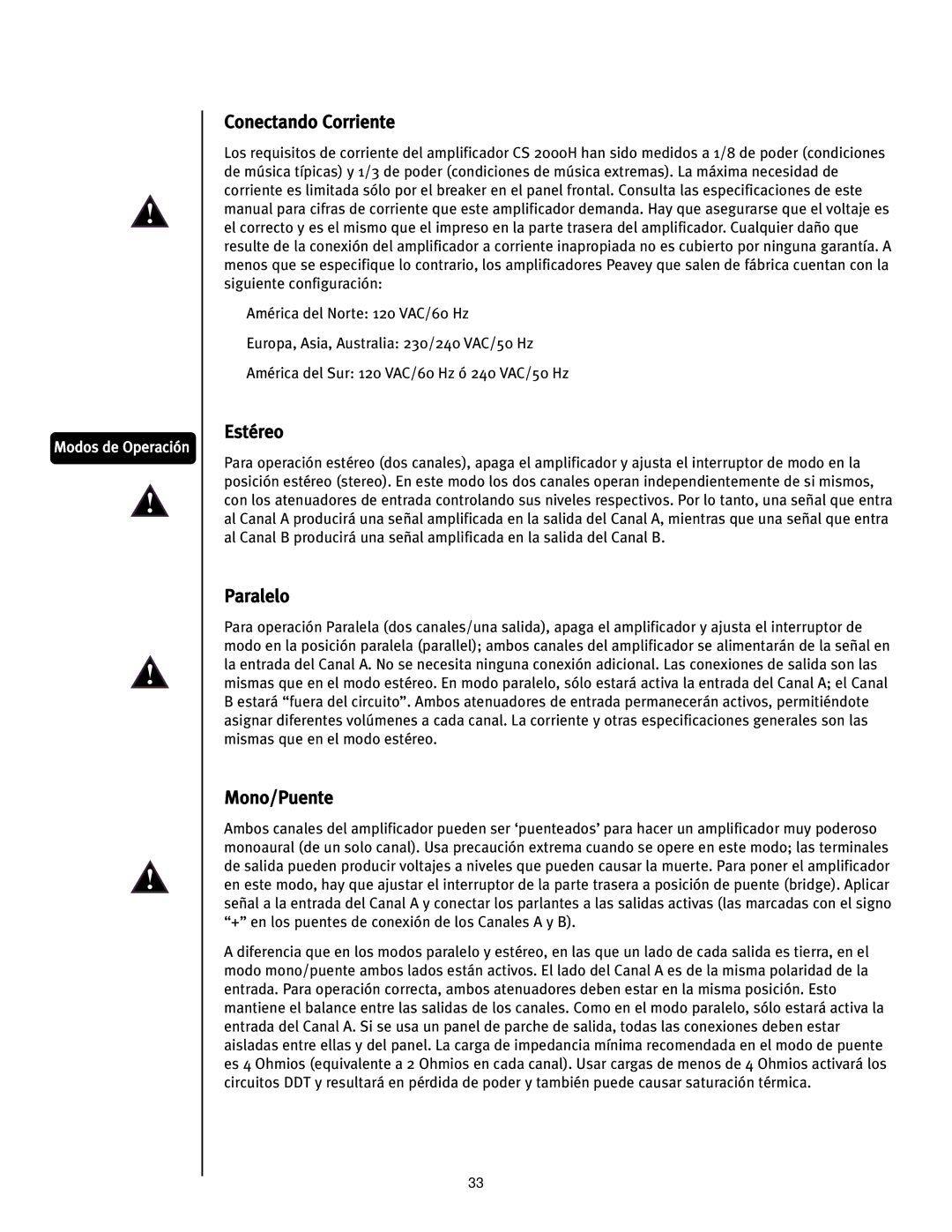Peavey 12/0280304941, CS2000H manual Conectando Corriente, Estéreo, Paralelo, Mono/Puente 