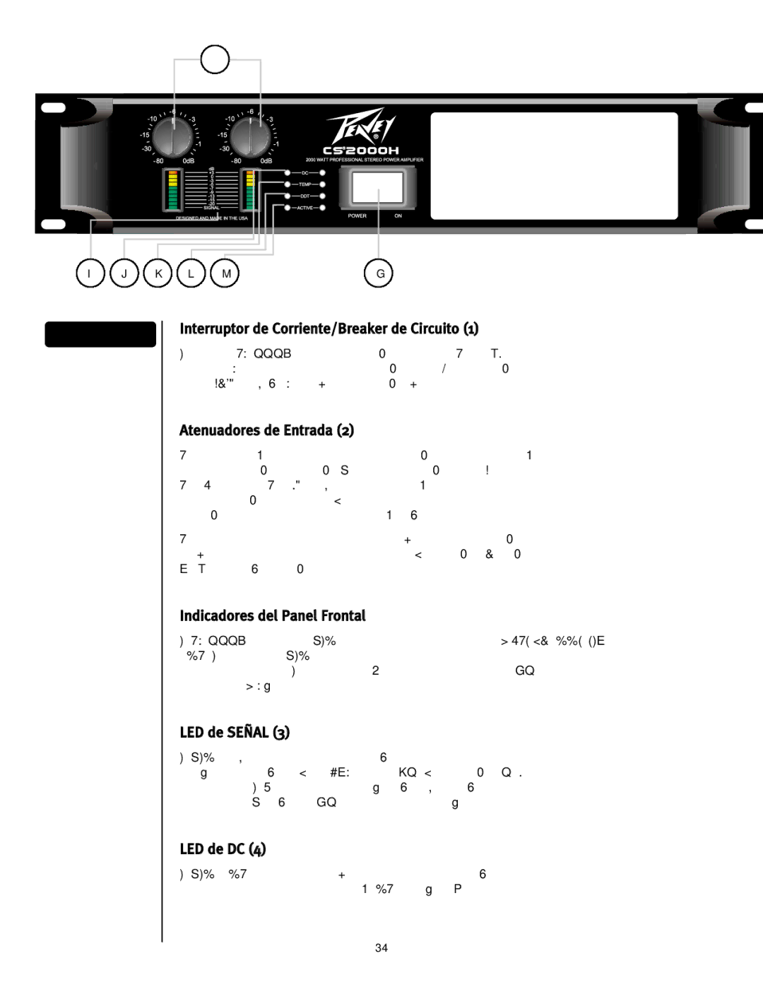 Peavey CS2000H manual Interruptor de Corriente/Breaker de Circuito, Atenuadores de Entrada, Indicadores del Panel Frontal 