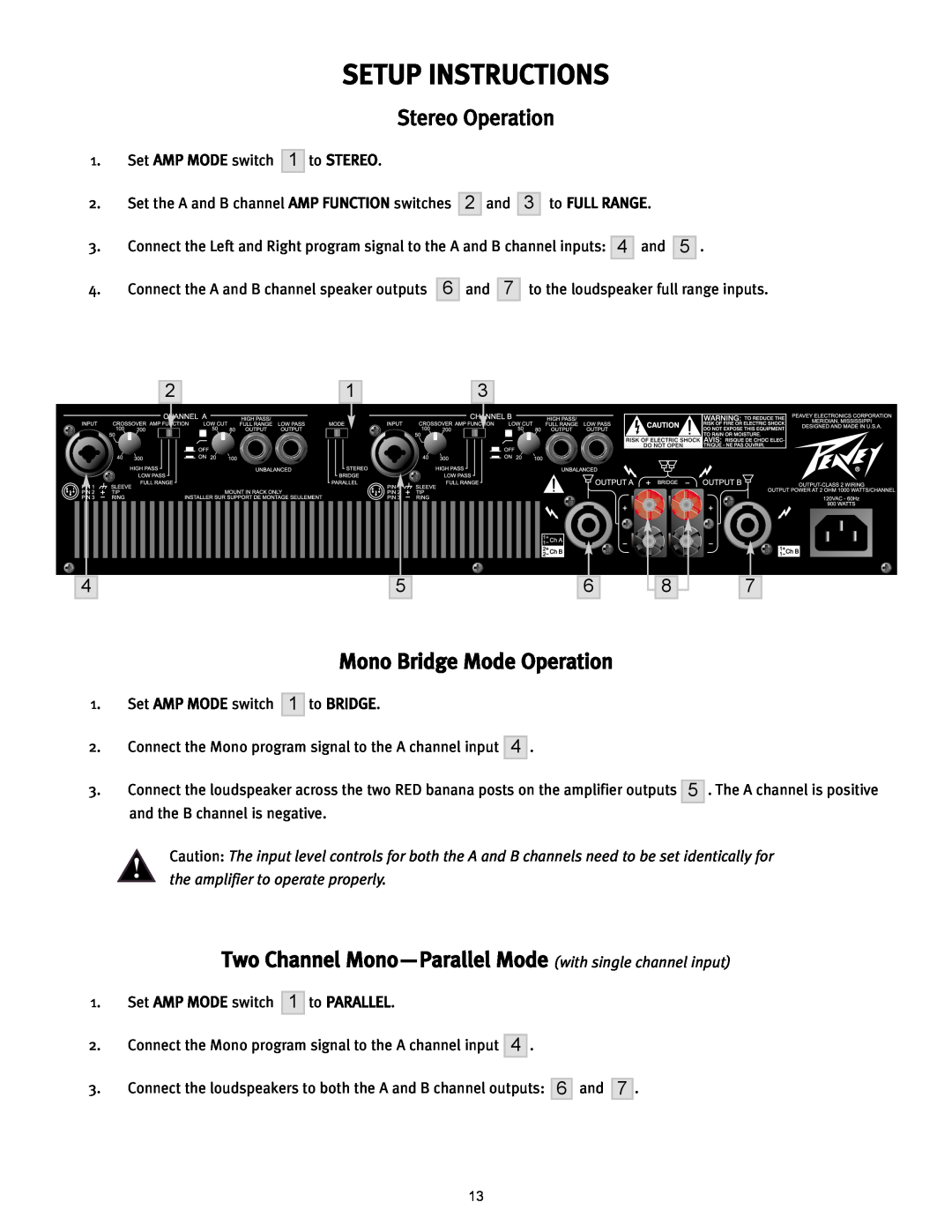 Peavey 12/0280304941, CS2000H manual Setup Instructions, Stereo Operation, Mono Bridge Mode Operation 