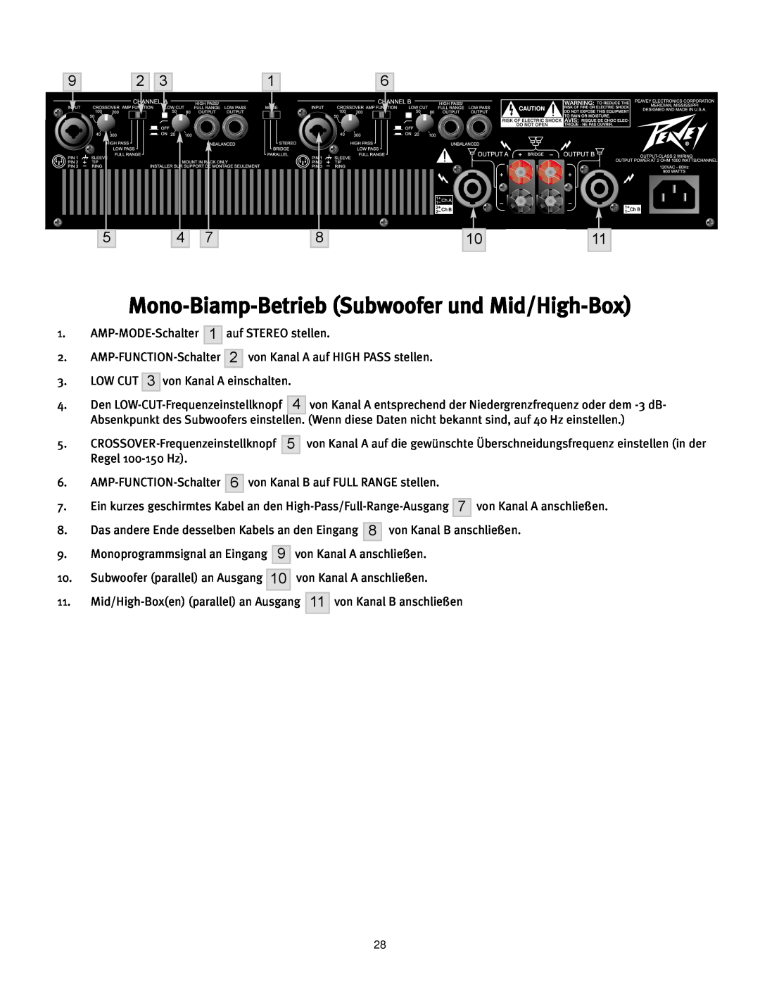 Peavey CS2000H, 12/0280304941 manual Mono-Biamp-BetriebSubwoofer und Mid/High-Box 