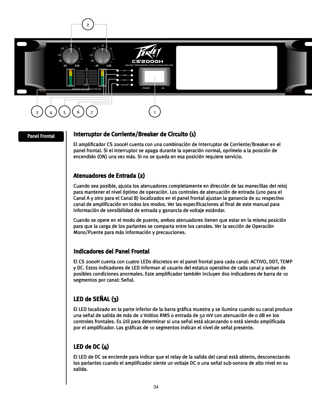 Peavey CS2000H manual Interruptor de Corriente/Breaker de Circuito, Atenuadores de Entrada, Indicadores del Panel Frontal 