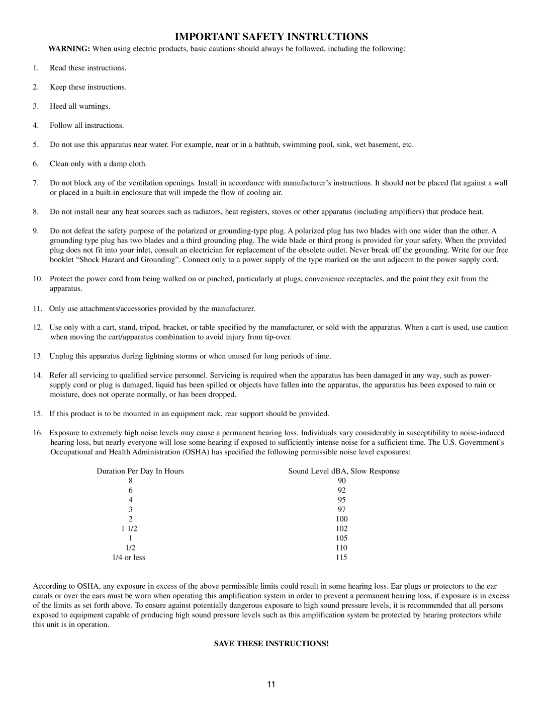 Peavey Deltabass manual Important Safety Instructions 