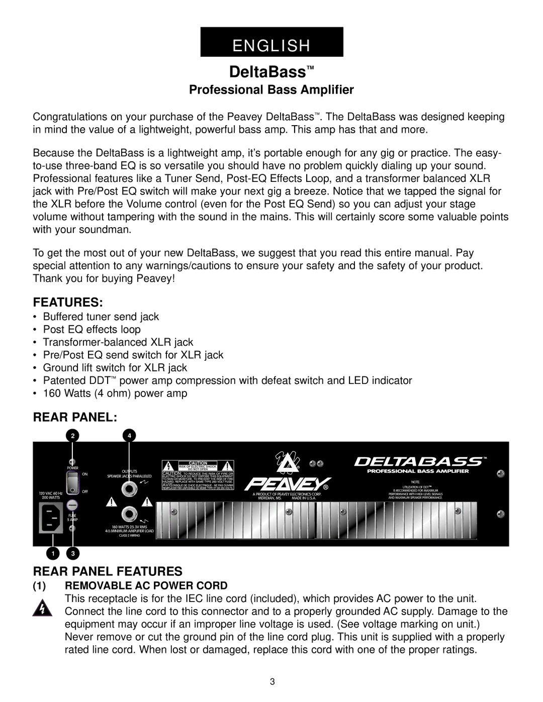 Peavey Deltabass manual DeltaBass, Removable AC Power Cord 