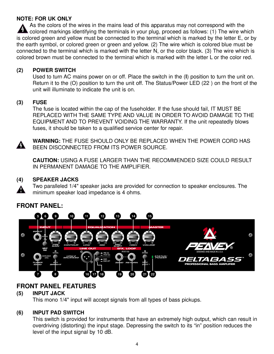 Peavey Deltabass manual Power Switch, Speaker Jacks, Input Jack, Input PAD Switch 