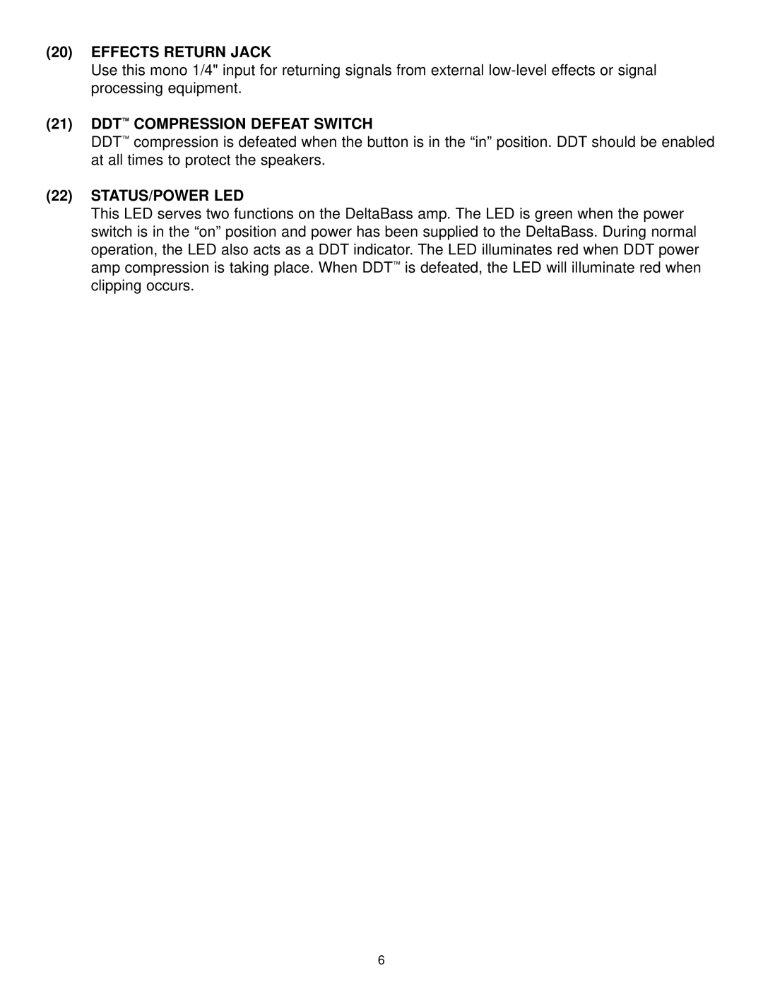 Peavey Deltabass manual Effects Return Jack, DDT Compression Defeat Switch, Status/Power Led 