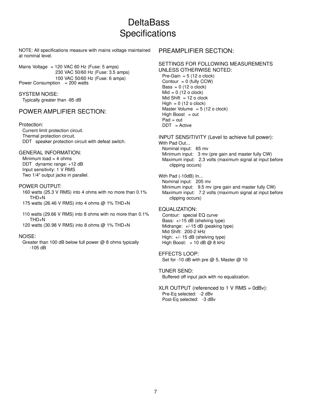 Peavey Deltabass manual DeltaBass Specifications, Power Amplifier Section, Preamplifier Section 