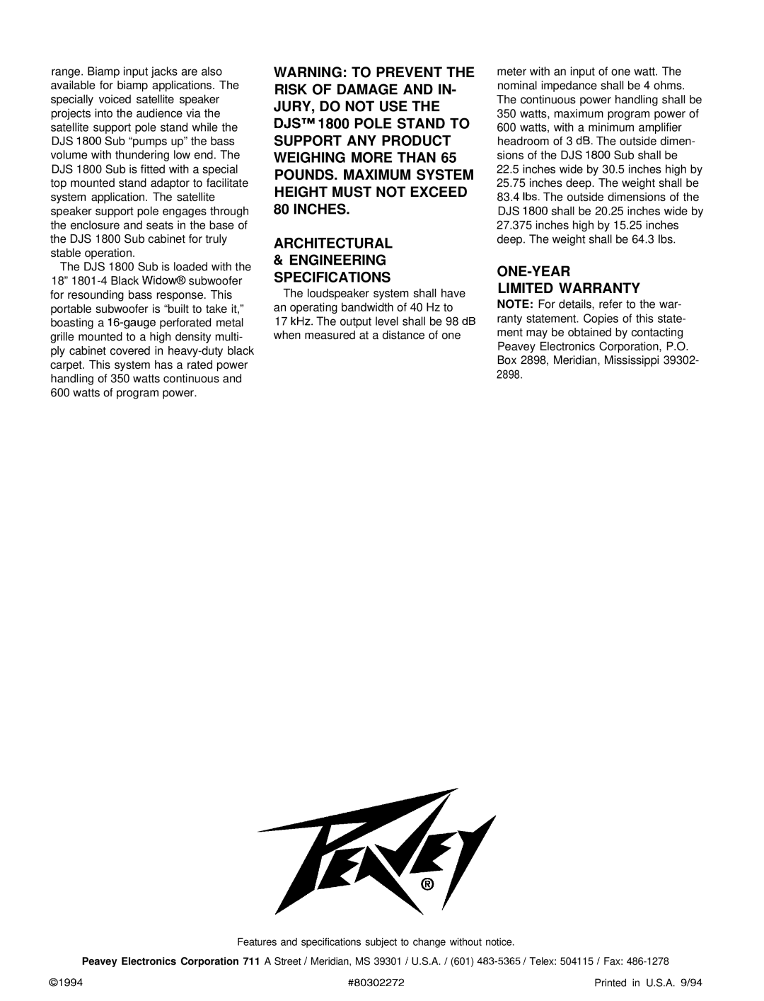 Peavey DJS 1800 specifications Architectural Engineering Specifications, ONE-YEAR Limited Warranty 