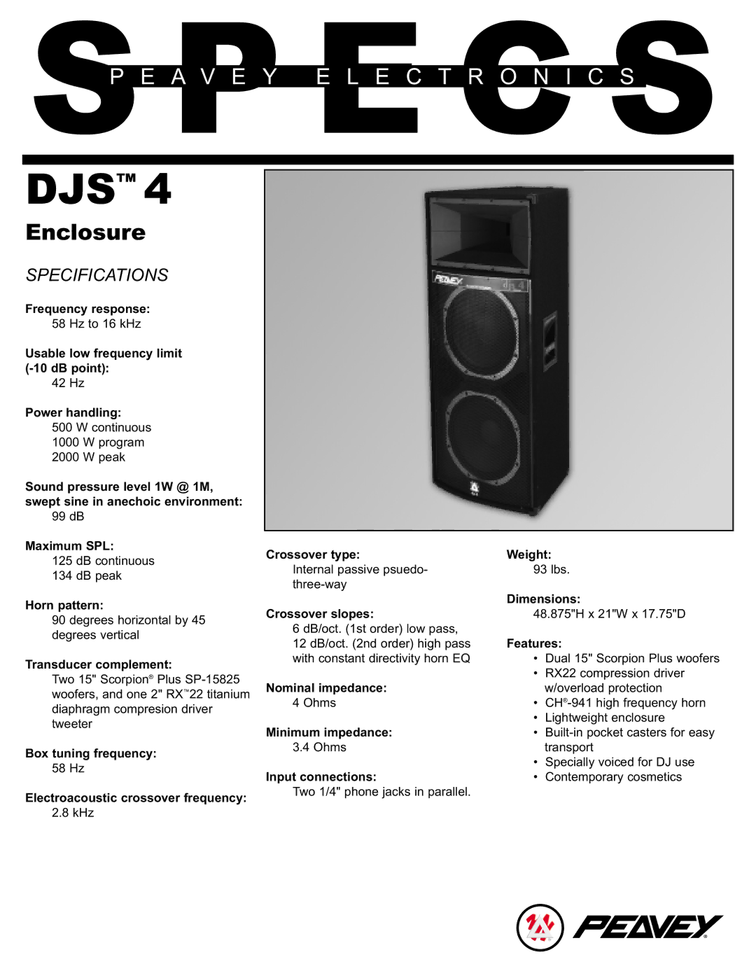 Peavey DJS 4 specifications Djs, Enclosure, Specifications 