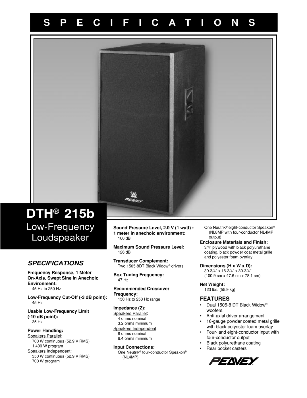 Peavey DTH 215b specifications Specifications, Features 