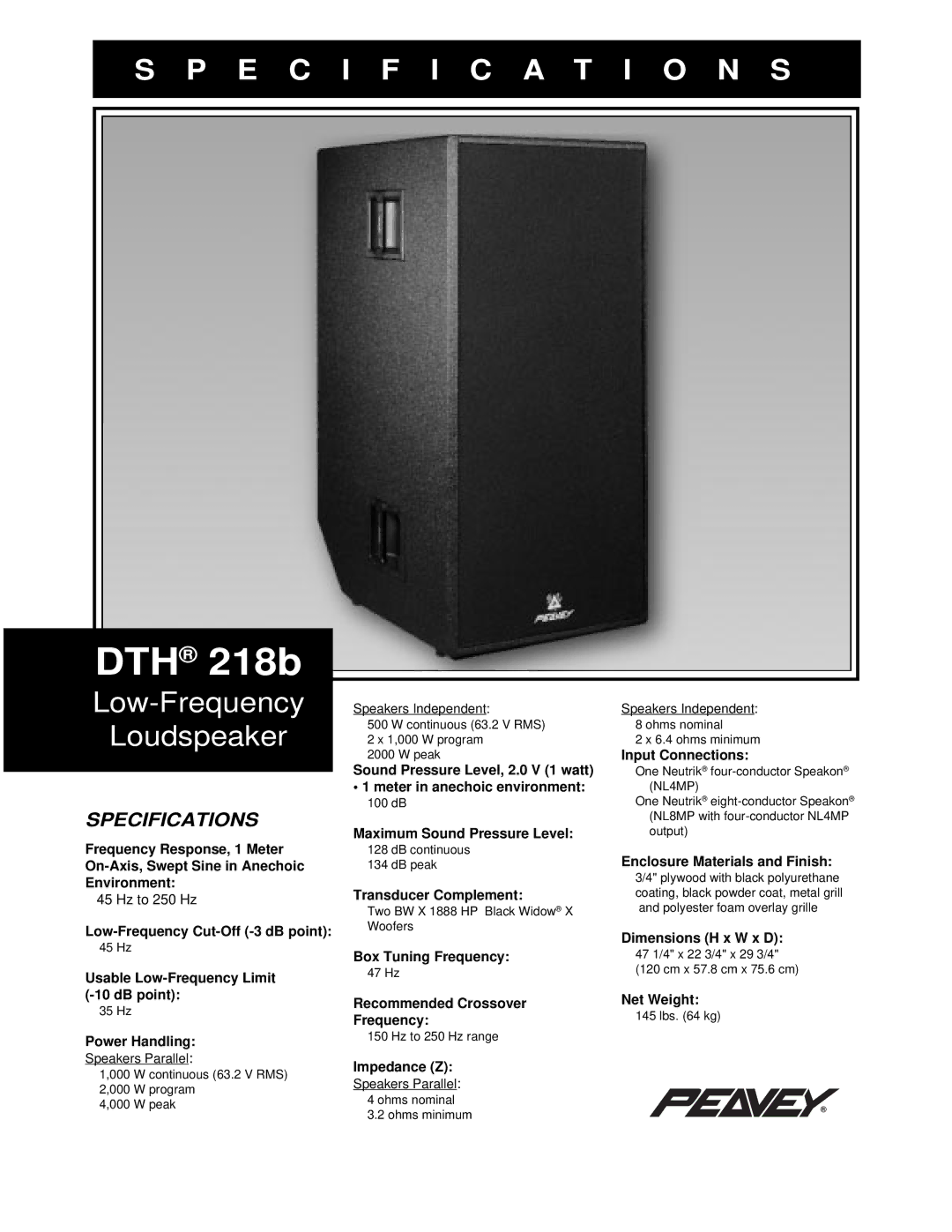 Peavey DTH 218b specifications Specification S 