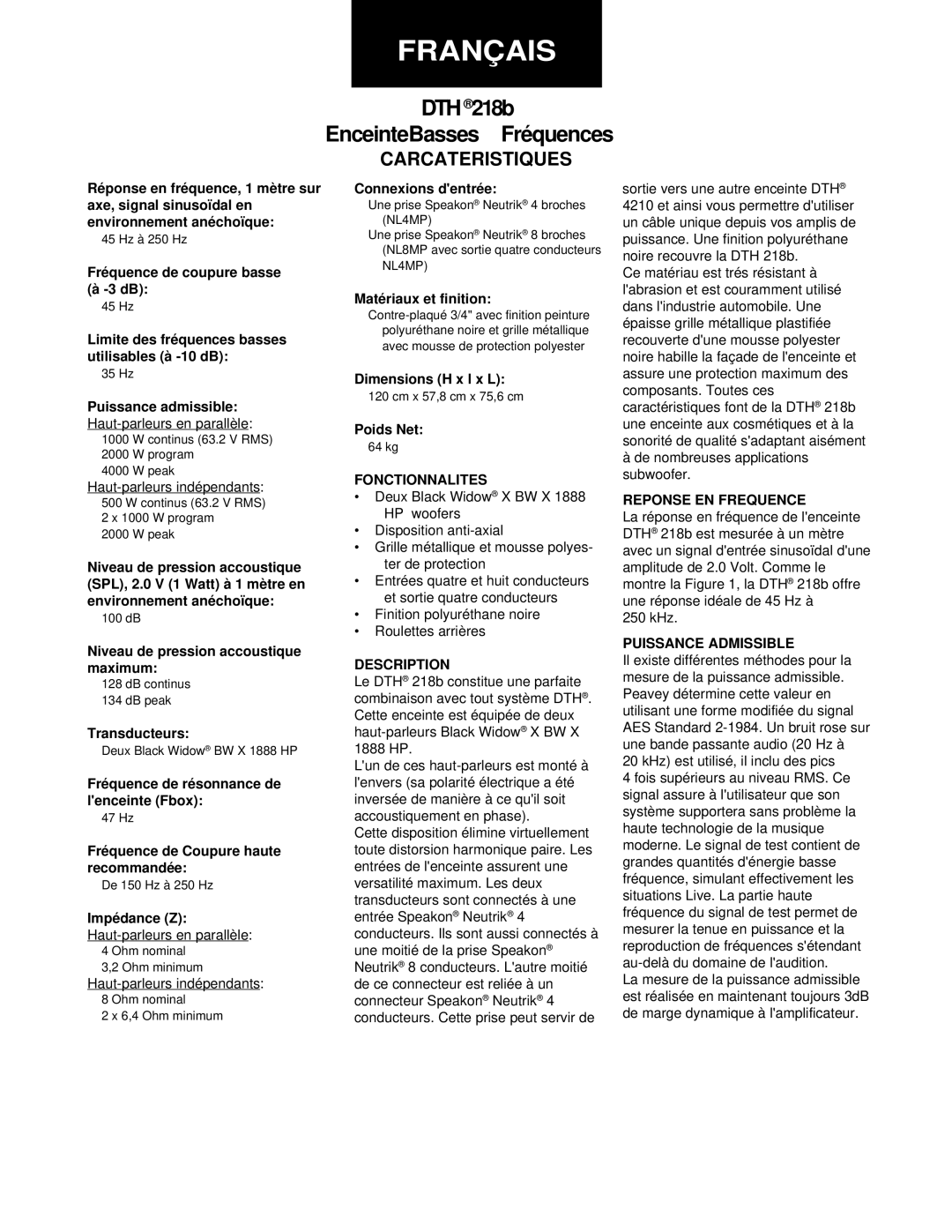 Peavey DTH 218b specifications Français, Carcateristiques 