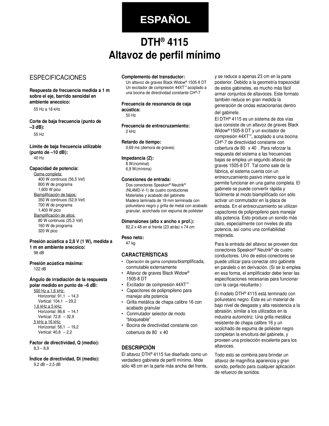 Peavey DTH 4115 specifications Características, Descripción 