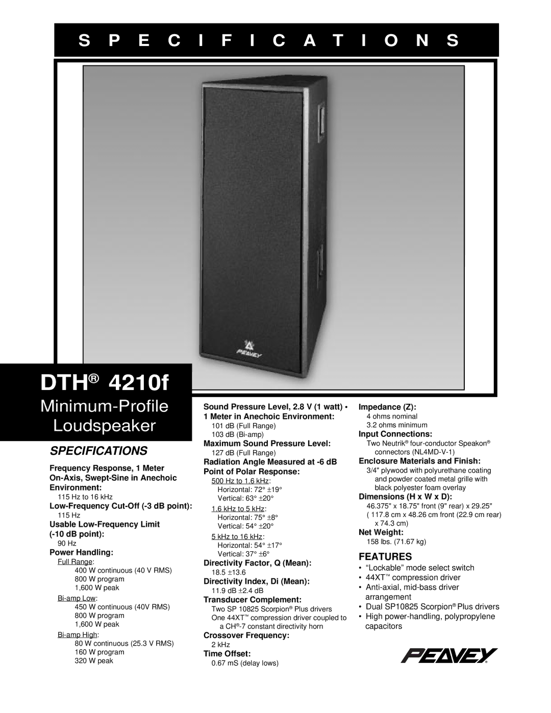 Peavey DTH 4210f specifications Features 