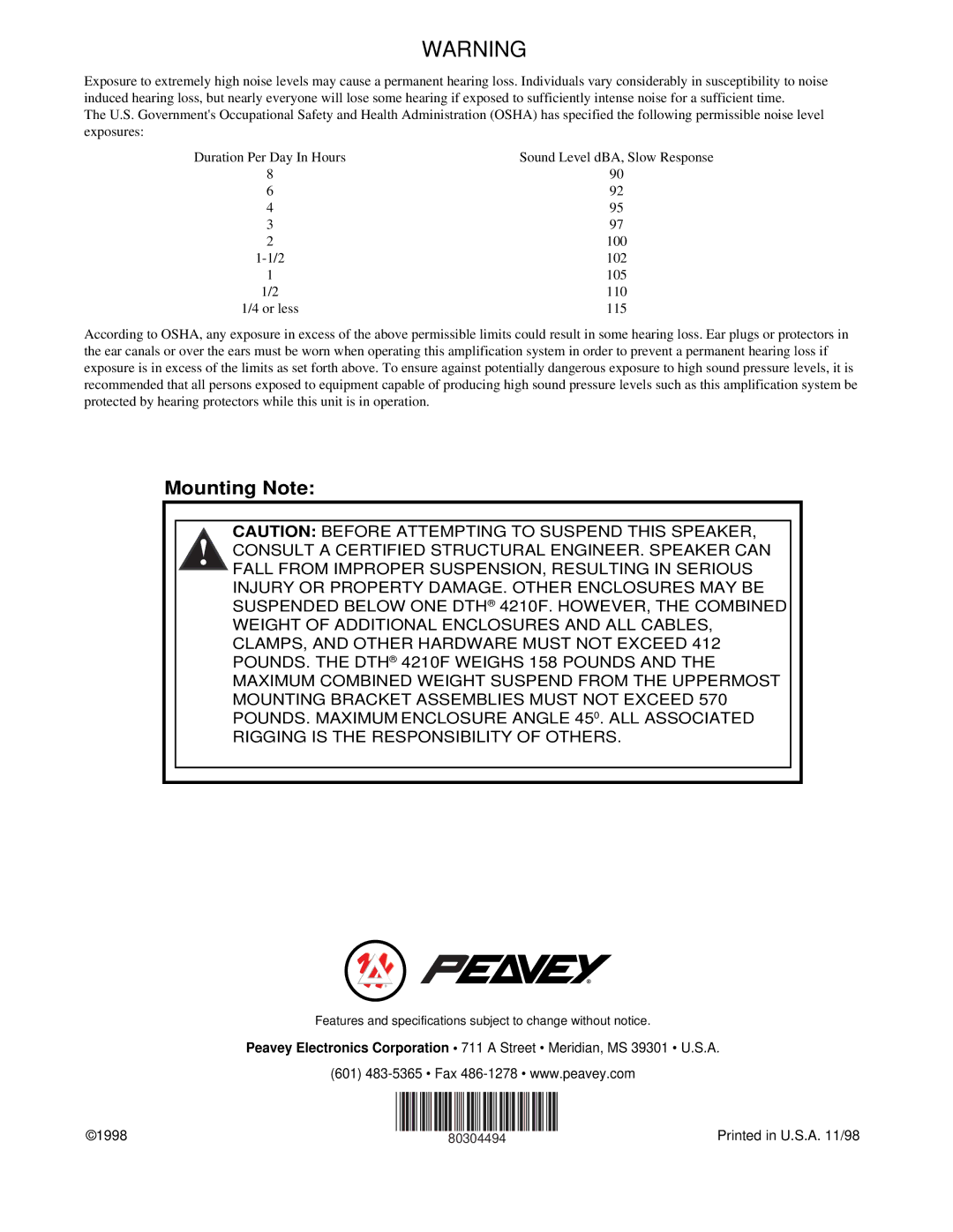 Peavey DTH 4210f specifications Mounting Note 