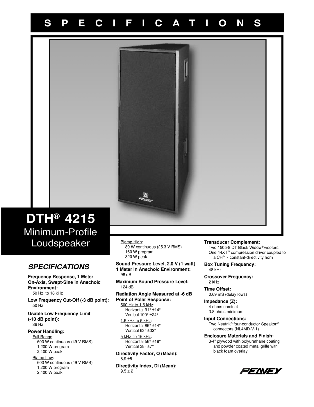 Peavey DTH 4215 specifications Specifications 