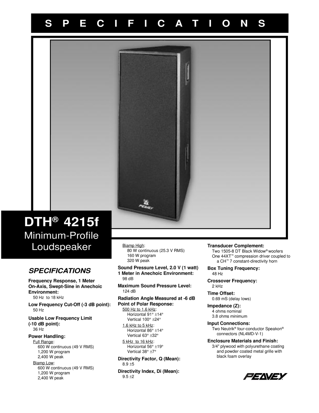 Peavey DTH 4215f specifications Specifications 