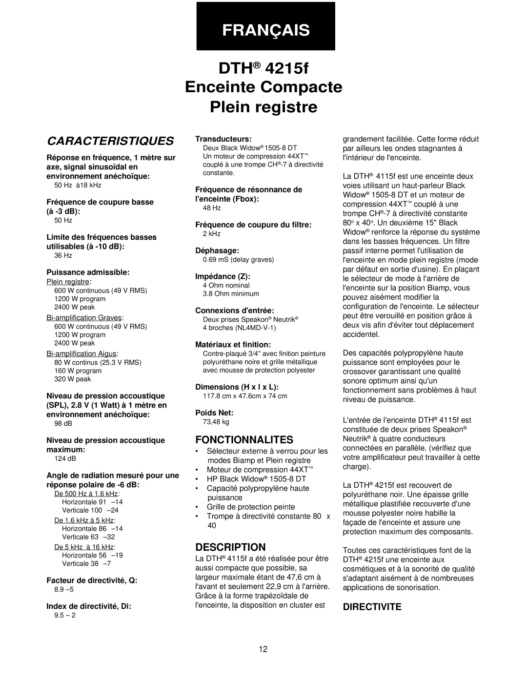 Peavey DTH 4215f specifications Caracteristiques, Directivite 