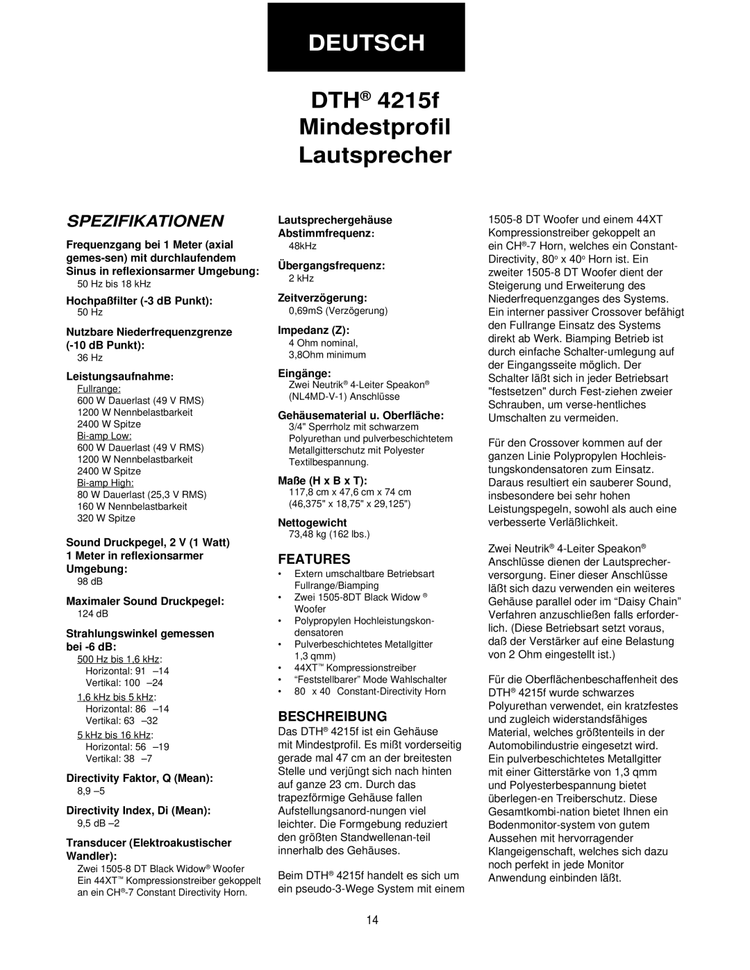 Peavey DTH 4215f specifications Spezifikationen, Beschreibung 