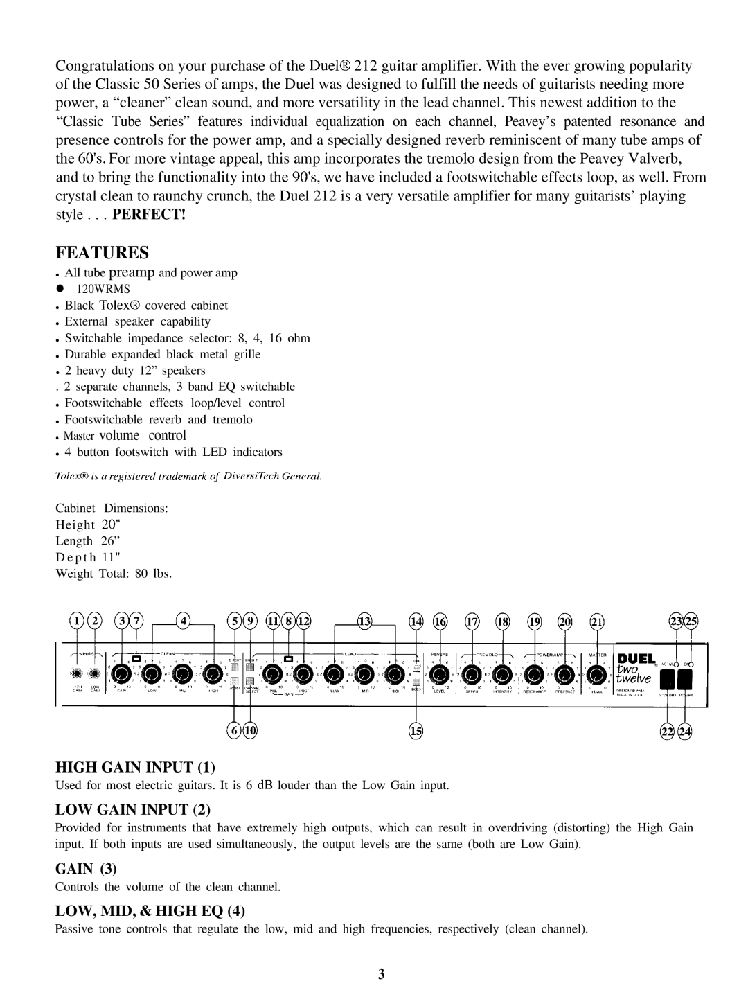 Peavey Duel 212 manual High Gain Input, LOW Gain Input, LOW, MID, & High EQ 