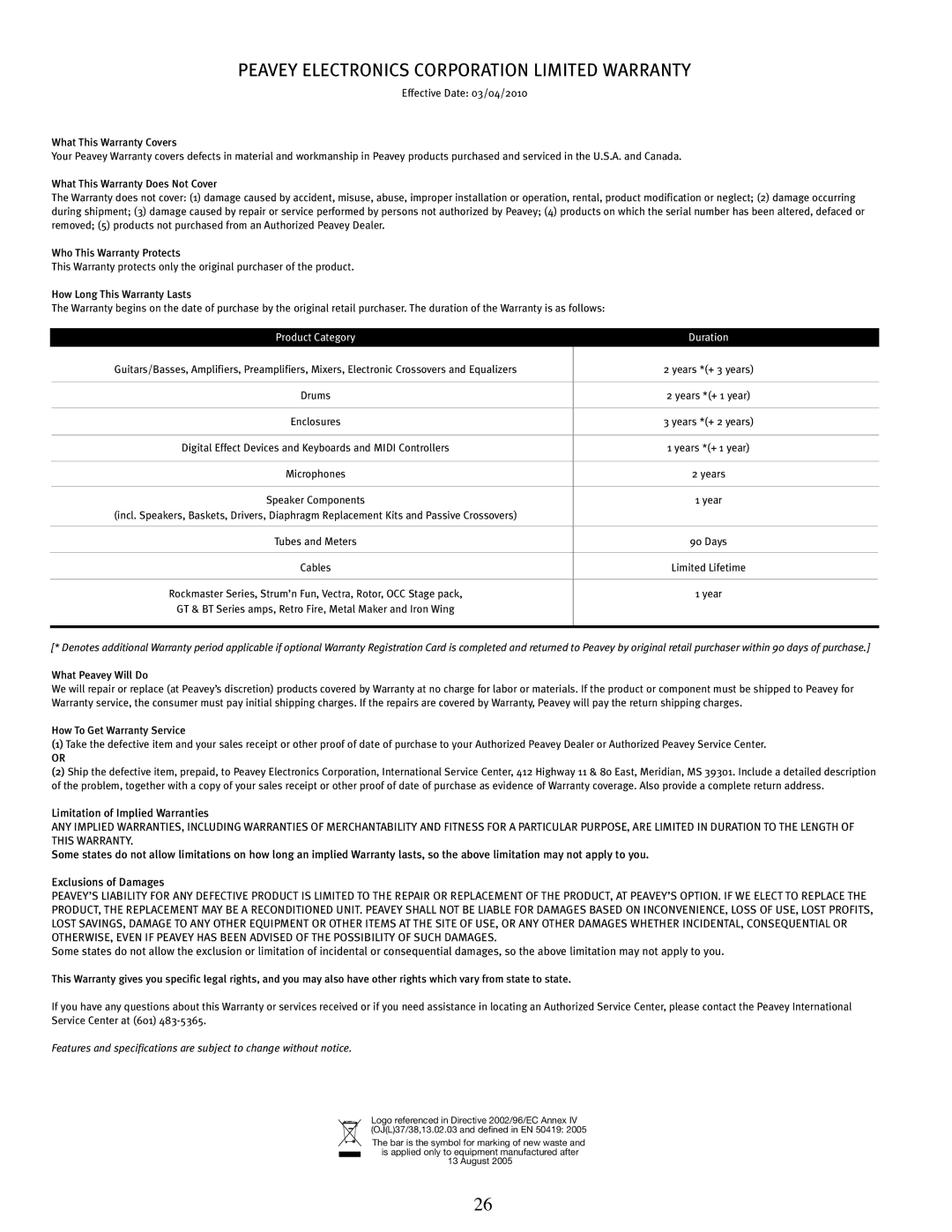 Peavey E110 manual Peavey Electronics Corporation Limited Warranty 