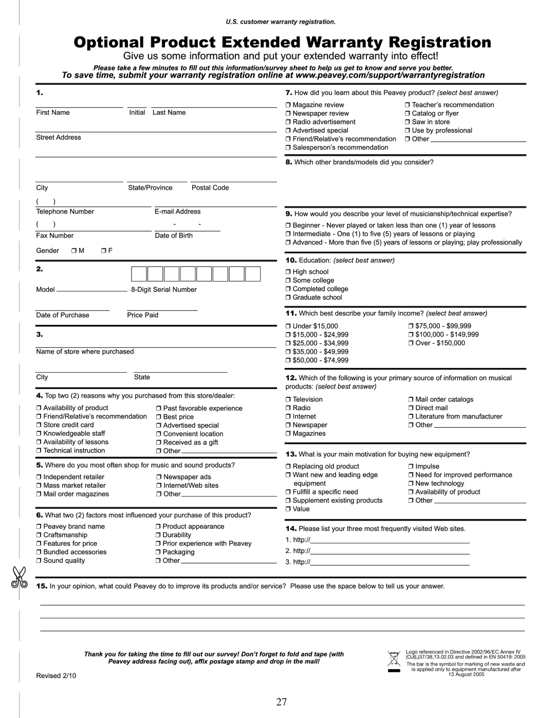 Peavey E110 manual Customer warranty registration 