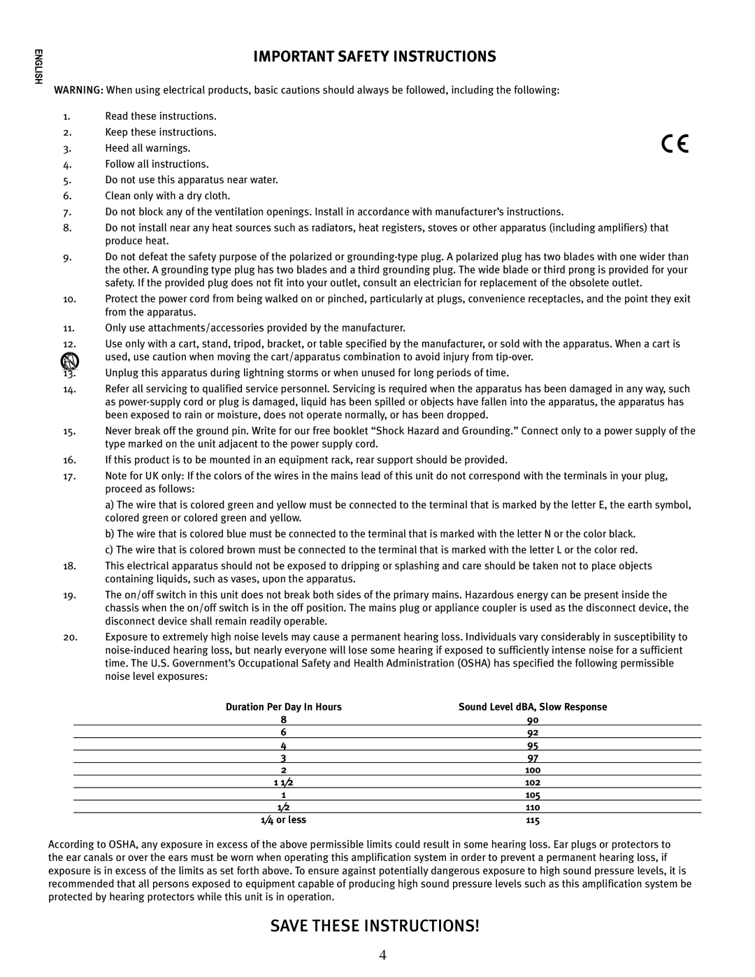 Peavey E110 manual Important Safety Instructions, Sound Level dBA, Slow Response 